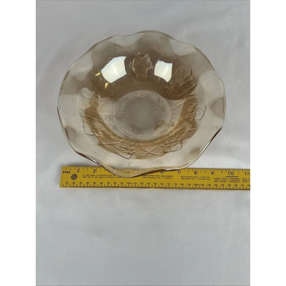 Vintage Amber Carnival Glass Ruffled Dish Bowl Floral Pattern Scalloped Edge